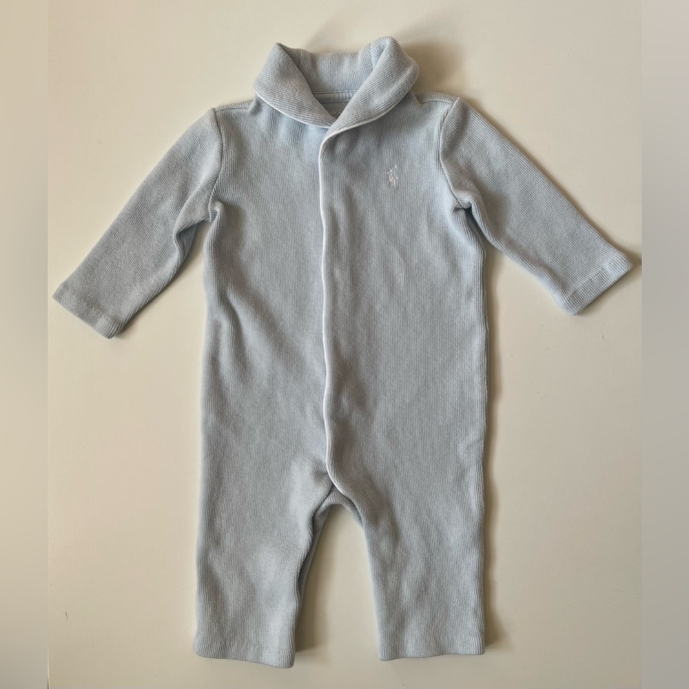 Ralph Lauren Childrenswear Unisex French Rib Shawl Light Blue Coverall - 6M